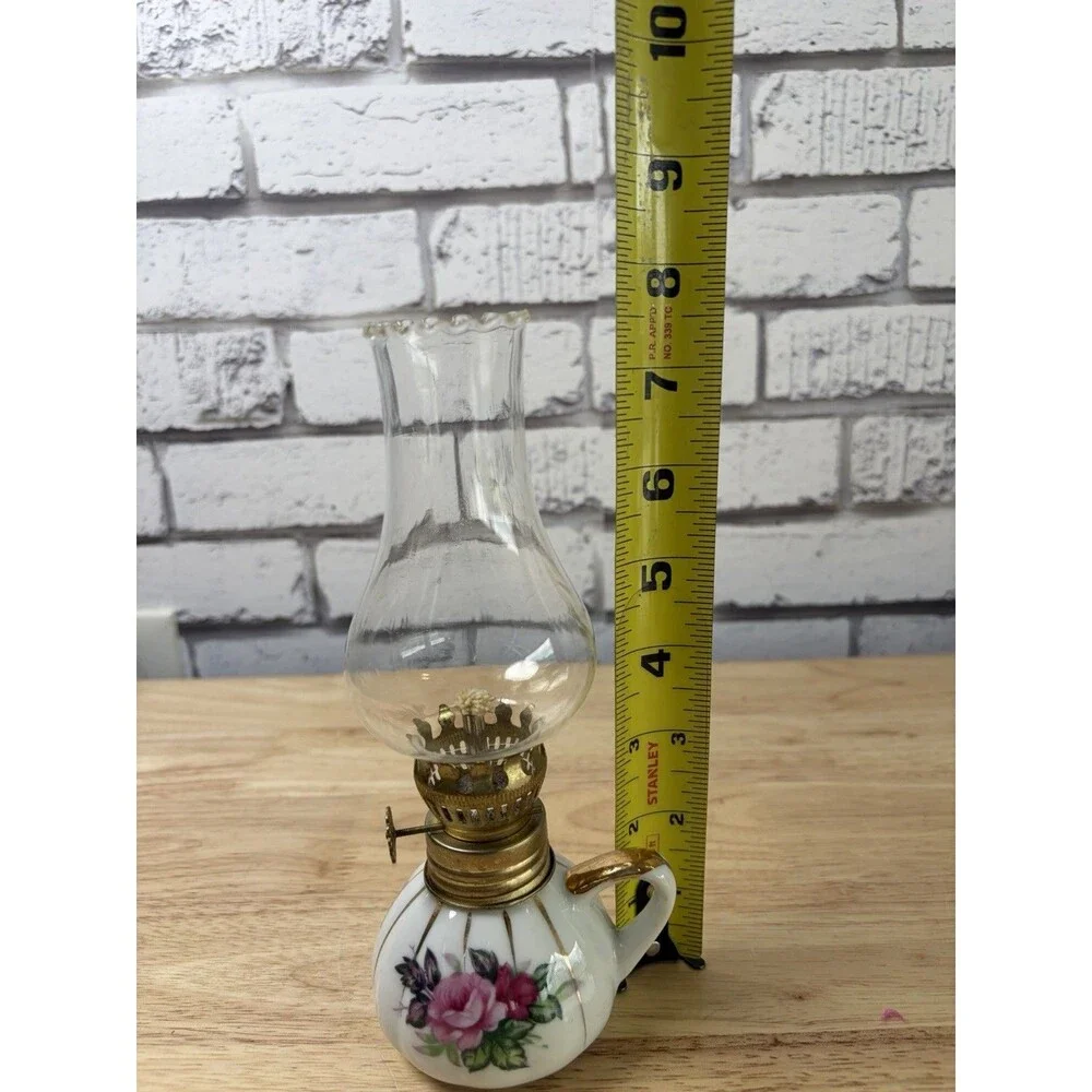 Napco China Rosebud Oil Lamp Finger Lamp Gold 8” Mini Hurricane Lamp Unused Vtg